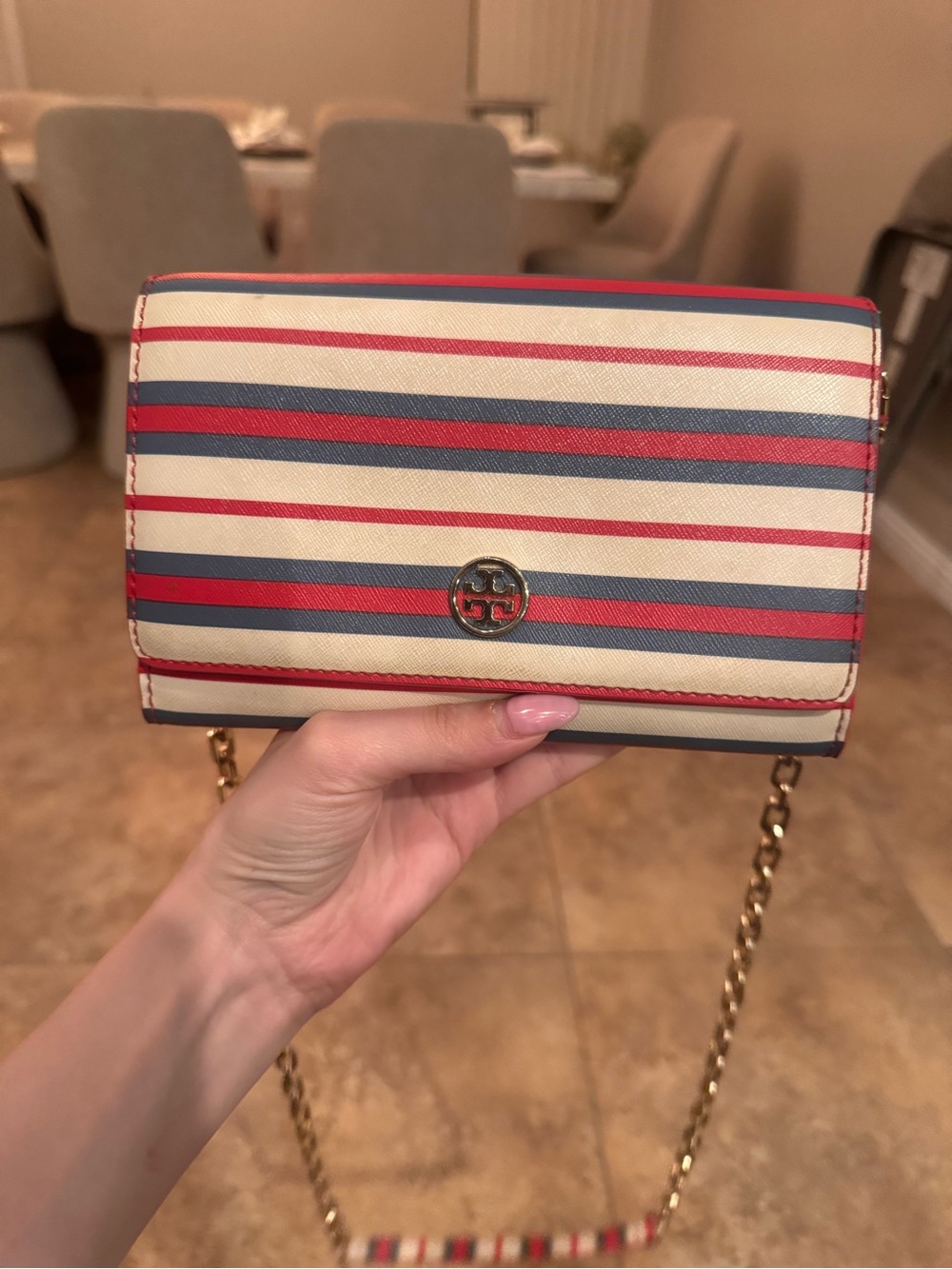 Tory Burch Striped Leather Crossbody in Navy, Red, Cream